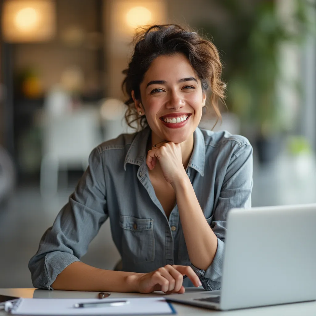 Personne souriante à un nouveau bureau symbolisant une reconversion professionnelle réussie.