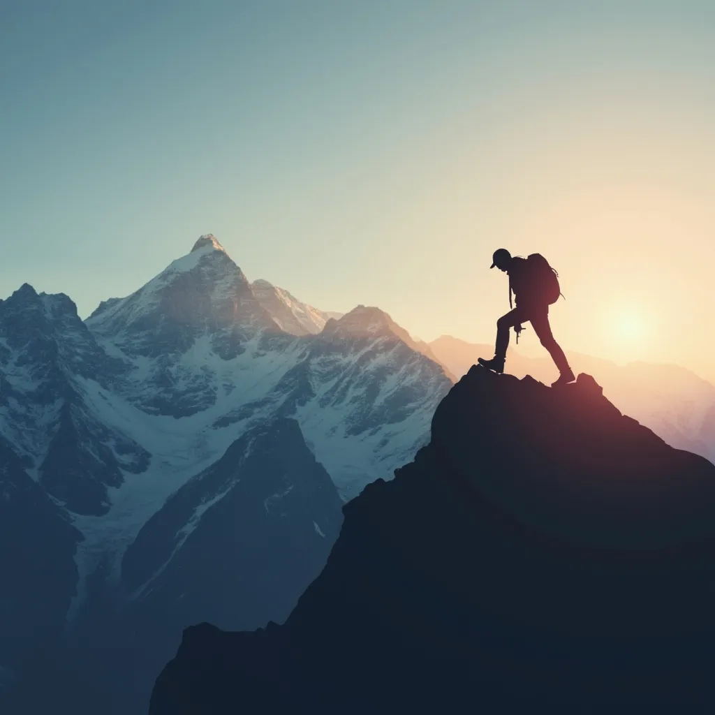 Personne atteignant le sommet d'une montagne.